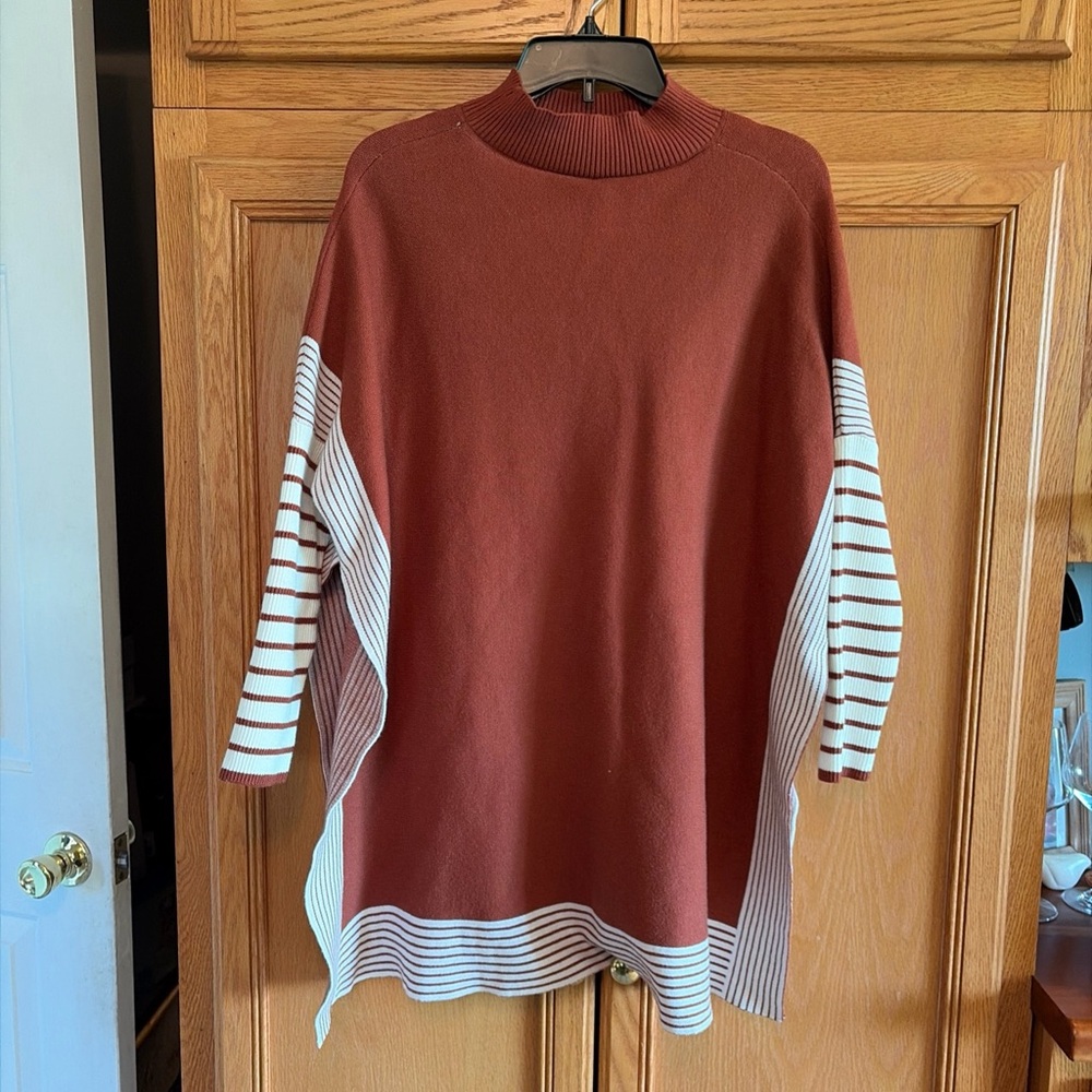 Chic wish Women's Rust & White Striped Sleeve Sweater/poncho style one size